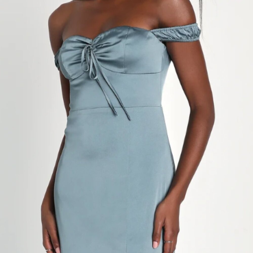 Remarkably Dreamy Slate Blue Satin Off-The-Shoulder Maxi Dress